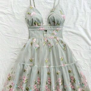 Floral Embroidered Dress in Green and Pink